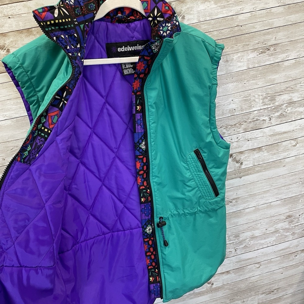 Vintage 90's Edelweiss Womens L Ski Vest Green Nordic Embroidery Quilted Lining - Picture 3 of 12